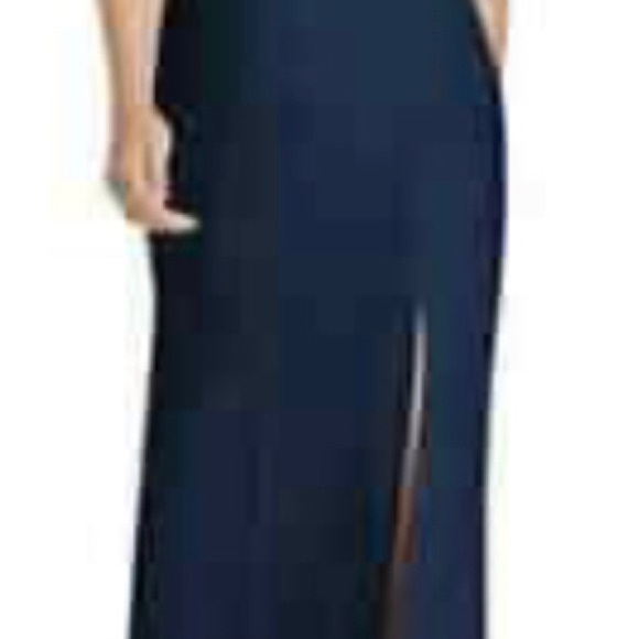 NWOT! Vivian Diamond Dessy Midnight Blue Cutaway Shoulder Column Gown - Size 0 - Picture 7 of 8
